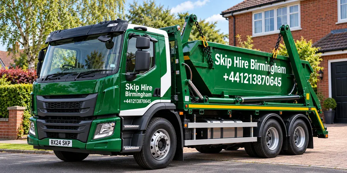 Green UK skip-loader at a red-brick home renovation